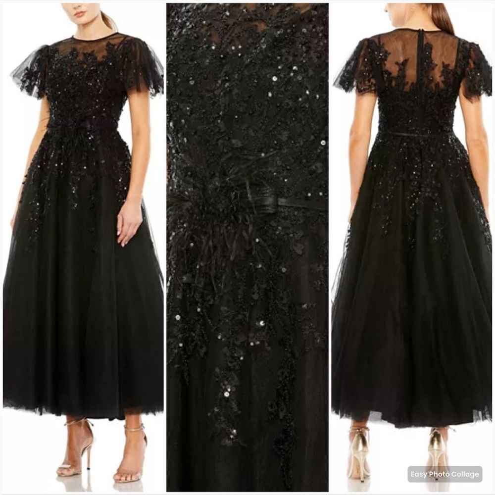 Mac Duggal 20362 Womens Black Embellished Flutter Sleeve Bow Waist A Line Dress